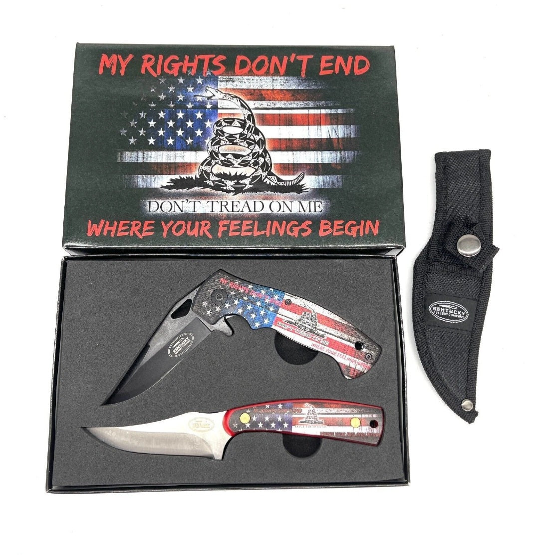 "Don't Tread On Me " 2pc Knife Set: Spring Assisted Folding & Skinning w/Sheath