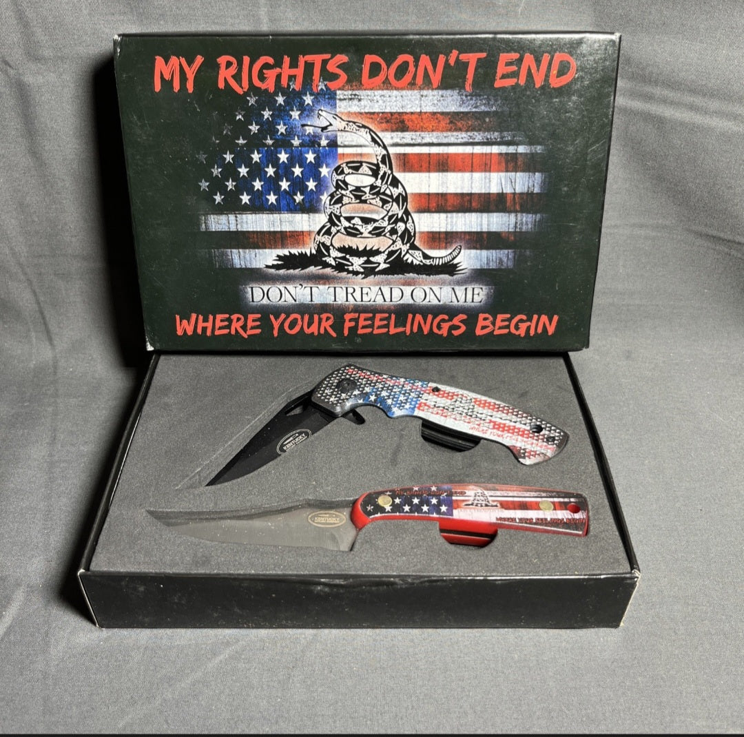 "Don't Tread On Me " 2pc Knife Set: Spring Assisted Folding & Skinning w/Sheath