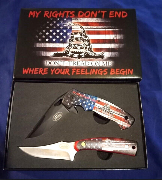"Don't Tread On Me " 2pc Knife Set: Spring Assisted Folding & Skinning w/Sheath
