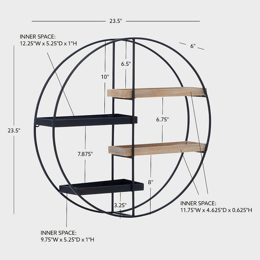 Round Metal and Wood Four Shelf Wall Storage in Black