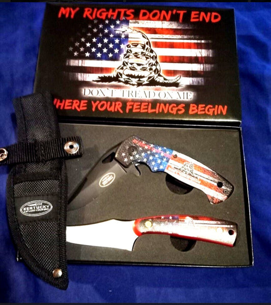 "Don't Tread On Me " 2pc Knife Set: Spring Assisted Folding & Skinning w/Sheath