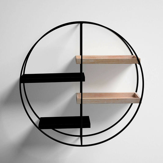 Round Metal and Wood Four Shelf Wall Storage in Black
