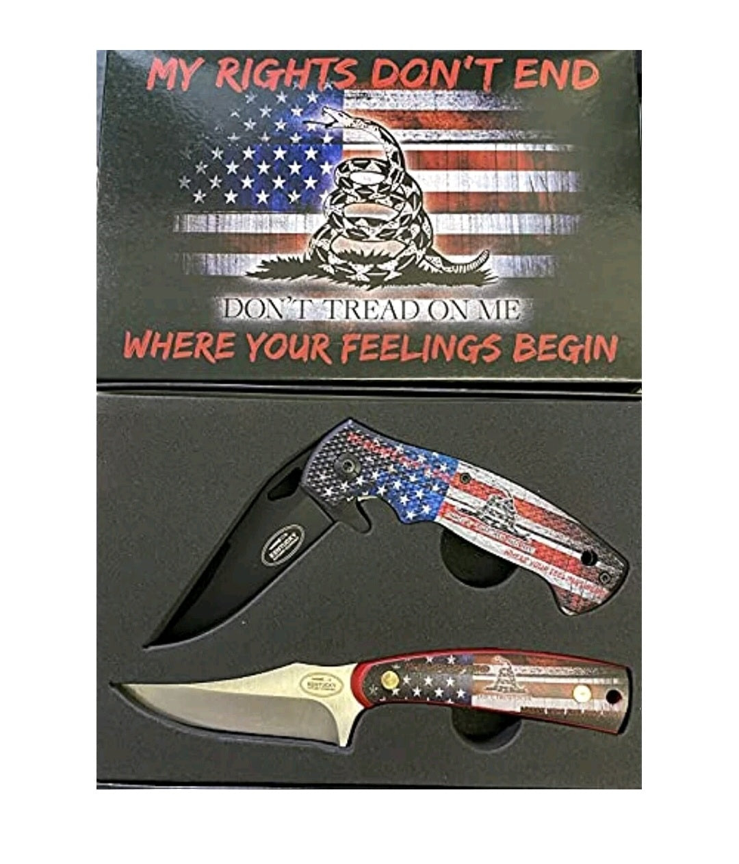 "Don't Tread On Me " 2pc Knife Set: Spring Assisted Folding & Skinning w/Sheath