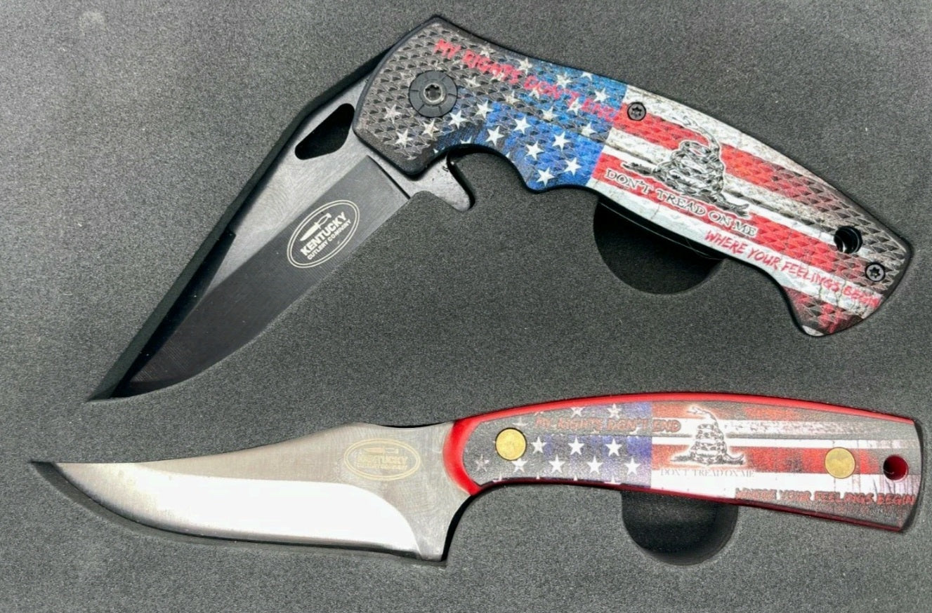 "Don't Tread On Me " 2pc Knife Set: Spring Assisted Folding & Skinning w/Sheath