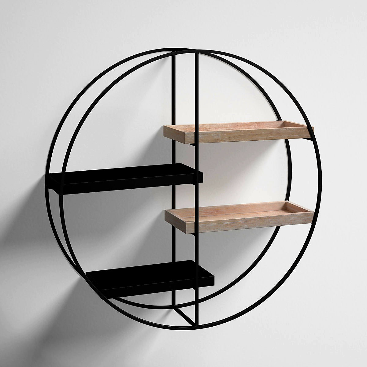 Round Metal and Wood Four Shelf Wall Storage in Black
