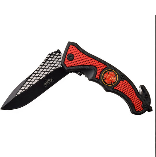 Firefighter & Rescue Tactical Spring Assisted Folding Knife Red and Black Knife