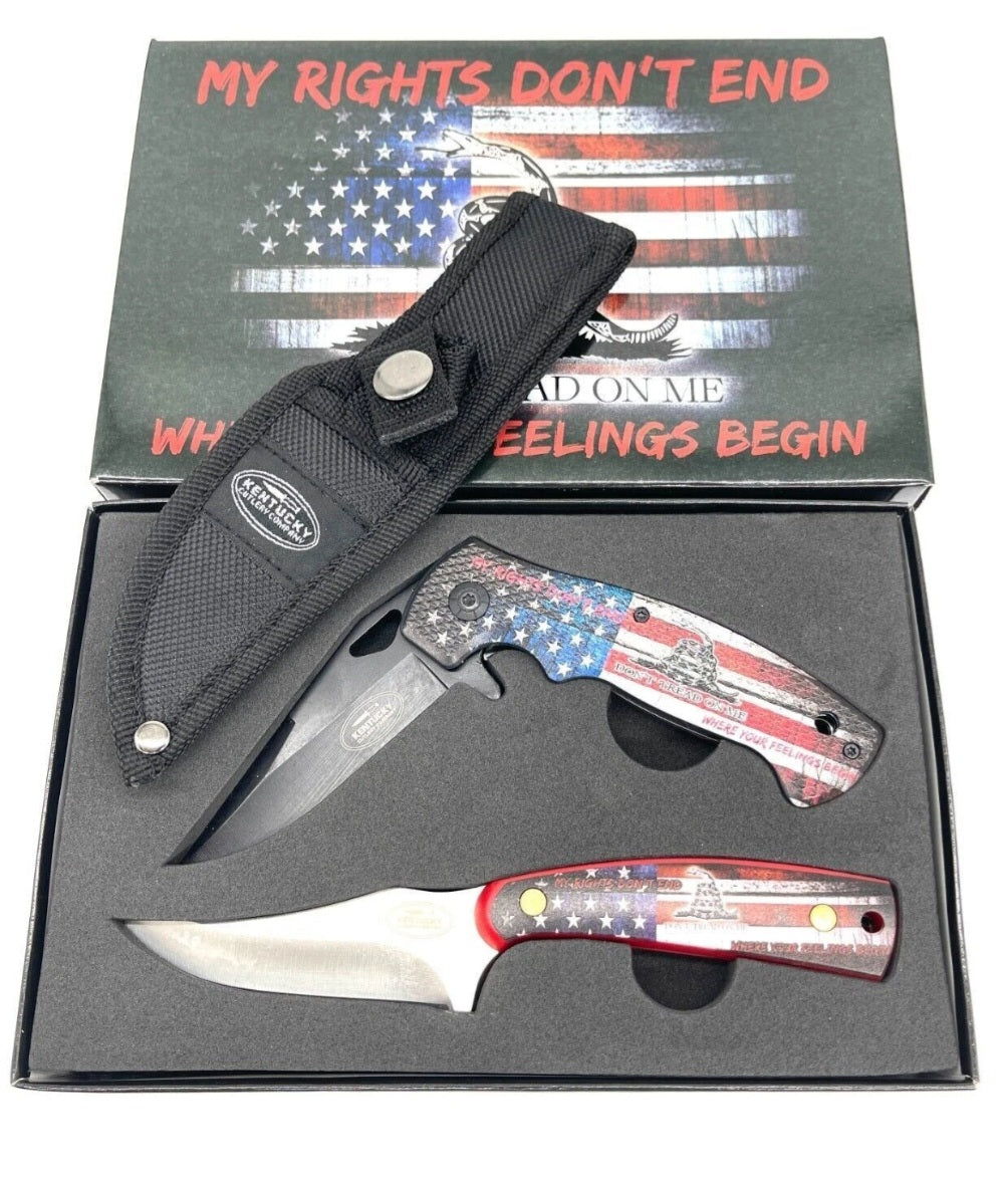 "Don't Tread On Me " 2pc Knife Set: Spring Assisted Folding & Skinning w/Sheath