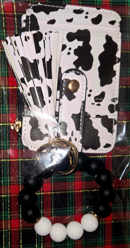 Cow Print Silicone Beaded Bracelet Cardholder Keychain