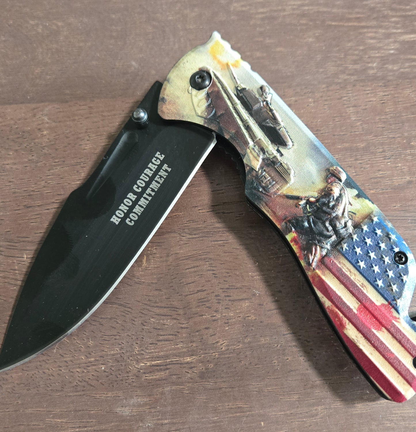 Military Tactical Spring Assisted Folding Knife  Honor Commitment Courage