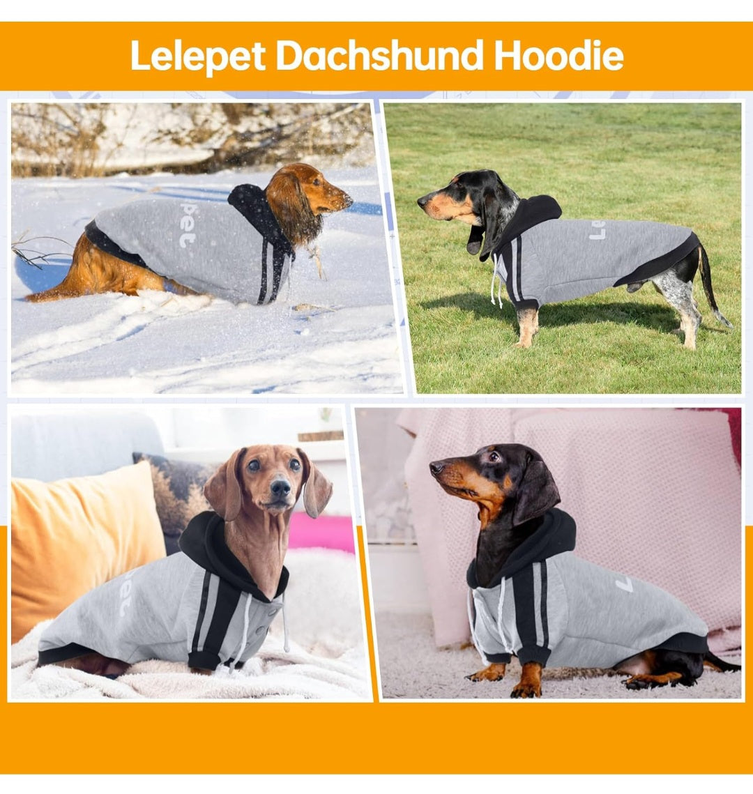 Lelepet Dachshund Hoodie, Soft Dog Sweatshirt with Hood, Warm Pullover for Small Dogs, Fall Winter Outfit with Leash Hole